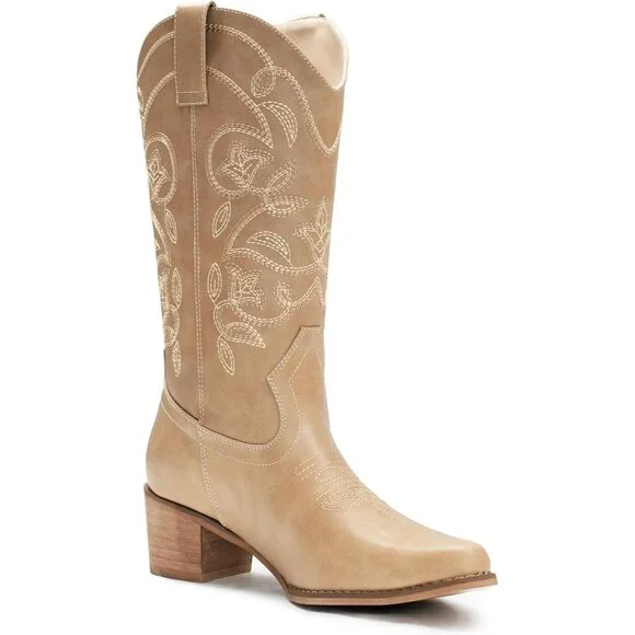 Iuv Cowboy Mid Calf Boote Women Apricot Synthetic Pointy Toe Not Water Resistan - Picture 5 of 7